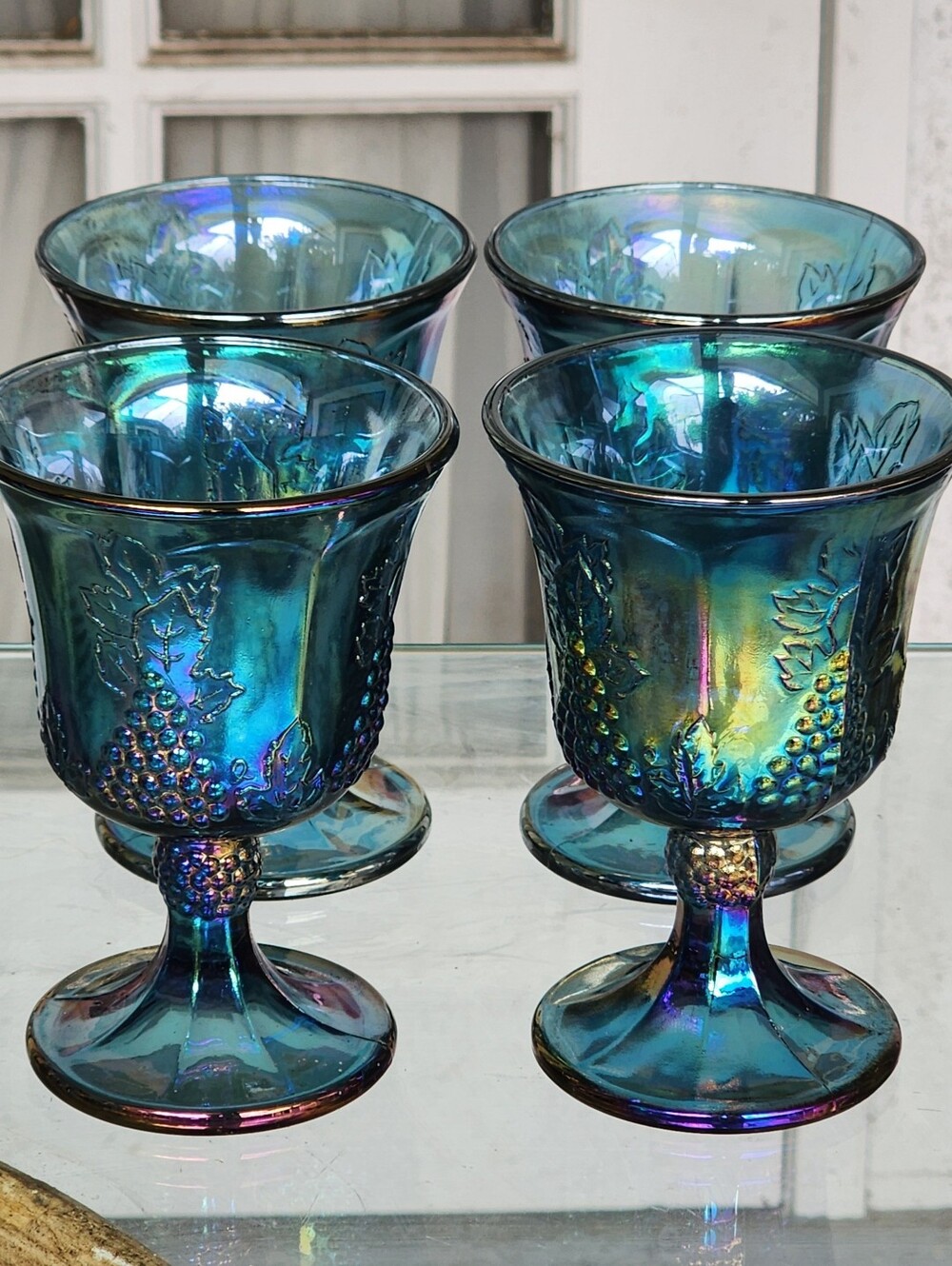 Vintage Indiana Carnival Glass Blue Iridescent Goblet Harvest Grapes Set Of 4